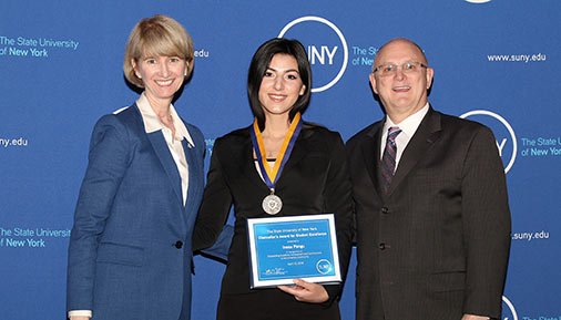 SUNY Chancellor Kristina Johnson with Hudson Valley student Inesa Pengu and president Matonak