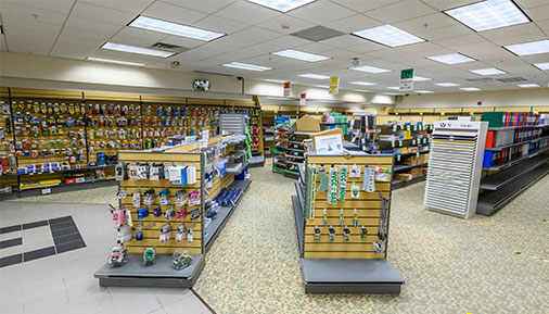 Campus bookstore with textbooks and school supplies