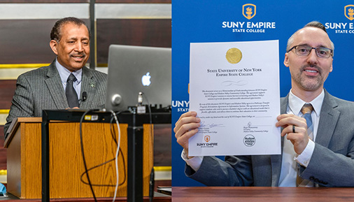 HVCC President Ramsammy and SUNY Empire State College Officer in Charge Nathan Gonyea during virtual signing